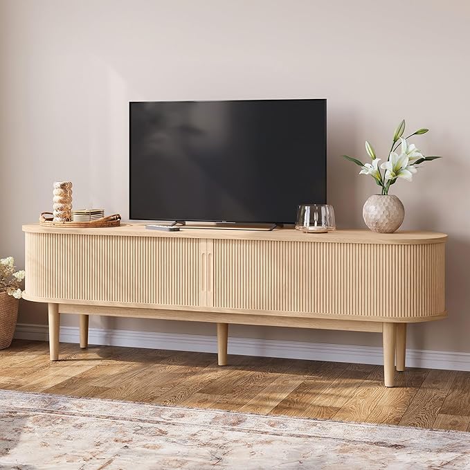 LINSY HOME 70" Fluted TV Stand for TVs up to 80 Inch, Mid Century Modern Entertainment Center with Storage Cabinet and Sliding Doors, Farmhouse Wood Media TV Console for Living Room, Bedroom, Oak