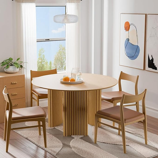 Casaphoria 46" Round Dining Table for 2-4, Farmhouse Style Small Table with Stripes Base, Easy Assembly for Living Room, Kitchen, Bar, Oak