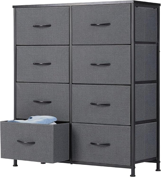 DUMOS 8 Drawer Dresser for Bedroom, Fabric Storage Organizer with Sturdy Metal Frame, Wooden Top Chest of Drawers for Closet Entryway Guest Room, Grey