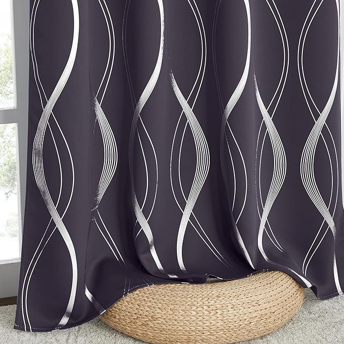 NICETOWN Blackout Curtains Panels for Living Room, Greyish Purple, 52" Wide x 84" Long, 2 Panels, Sound Reducing Thermal Insulated Wave Line Foil Print Design Curtains for Patio Sliding Glass Door