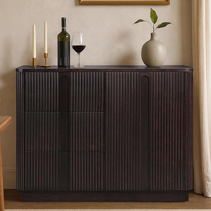 Teamson Home Potomac 42'' W Scandinavian Style Sideboard with 3 Drawer 1 Door and Adjustable Shelf, Solid Wood Frame, Push to Open and Acacia Veneer Living Room Storage Furniture in Espresso