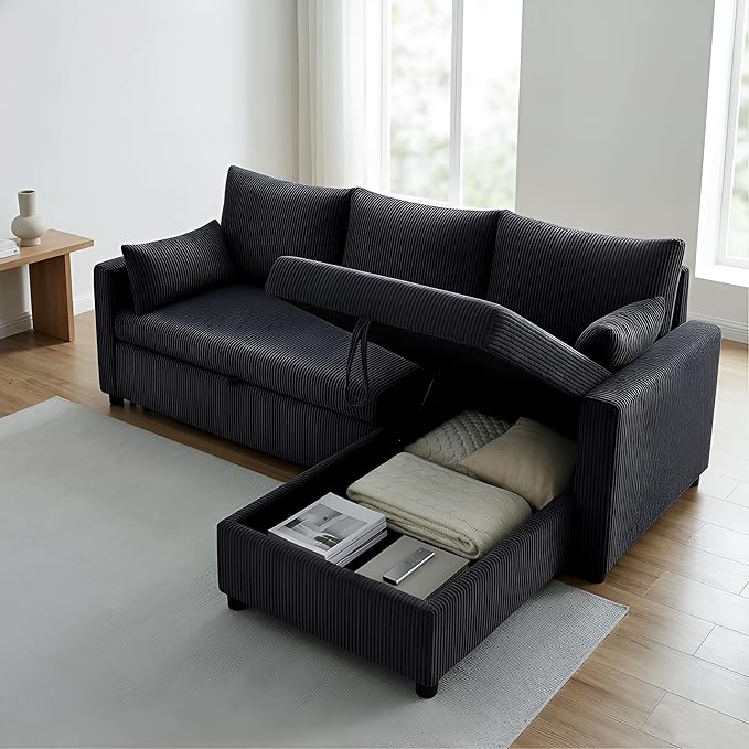 Sectional Sleeper Sofa with Pull Out Bed, L Shape Convertible Sofa Bed Couch with Storage Chaise, 3 in 1 Pull Out Sofa Bed with 3 Seats for Living Room,Apartment, Black, 85Inch