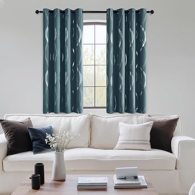NICETOWN 100% Blackout Curtains Panels for Living Room, Greyish Blue, 52" Wide x 63" Long, 2 Panels, Sound Reducing Thermal Insulated Wave Line Foil Print Design Curtains for Patio Sliding Glass Door