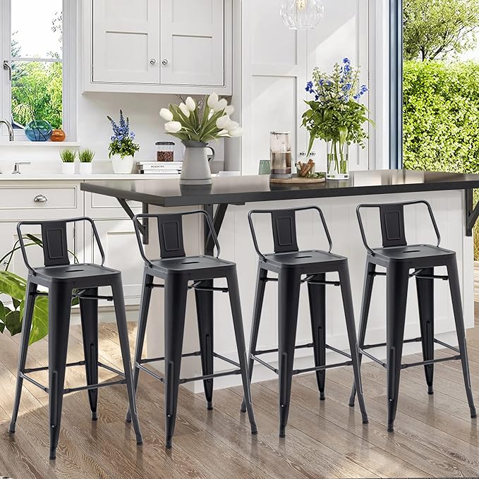 Tongli Metal Bar Stools Set of 4 Barstools Counter Height Bar Stools with Back Industrial Matte Black Bar Stool Indoor Counter Stool Kitchen Island Stools Modern Bar Chair 24 inch