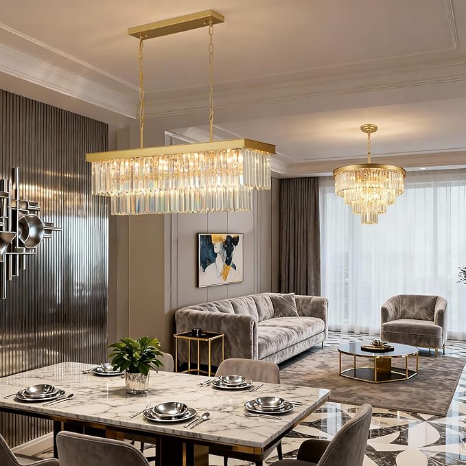 Crystal Chandeliers for Dining Room Light Fixtures Over Table，11-Lights Gold Modern Rectangle Chandeliers for Kitchen Island Bar L33.5 Inch