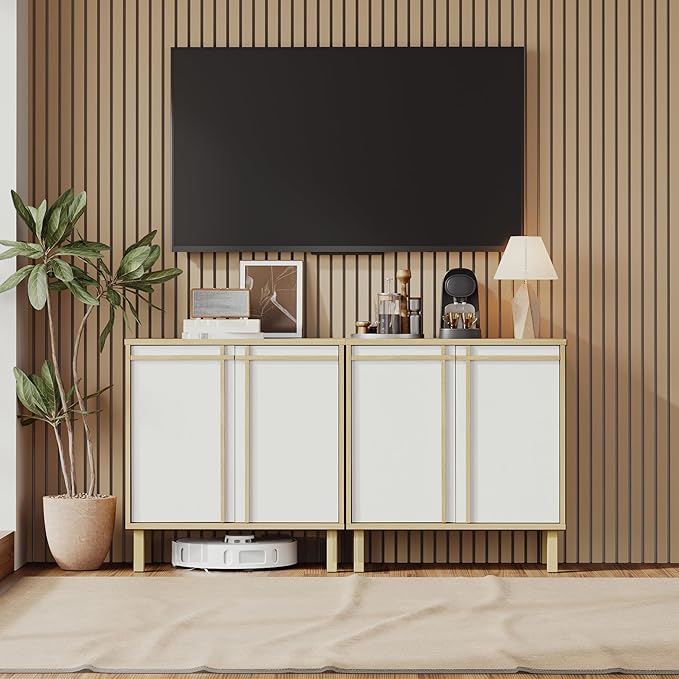 Sideboard Buffet Cabinet with Storage, 2 Doors, Adjustable Shelves, Wooden Mid Century Coffee Bar Cabinet for Entryway, Living Room, Kitchen, Natural/White