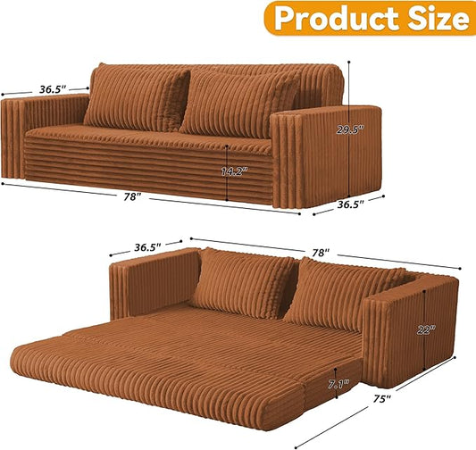 HABUTWAY Folding Sofa Bed, 2 in 1 Convertible Sleeper Chair with 2 Pillows, Portable Fold Out Chair Bed with Armrest, Comfy Floor Couch, Lazy Sofa for Living Room Bedroom Dorm Home Office, Caramel