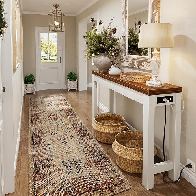 Cyclysio 47" Console Tables for Entryway, Narrow Console Tables for Living Room, Behind Couch Table, Sturdy Wood Support Hallway Table with 3AC+2USB Charging‌ Station, Rustic Oak