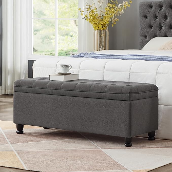 Upholstered Ottoman with Storage,Entryway Bench with Tufted Buttons and Spindle Wooden Legs for Living Room,Bedroom,Dark Gray