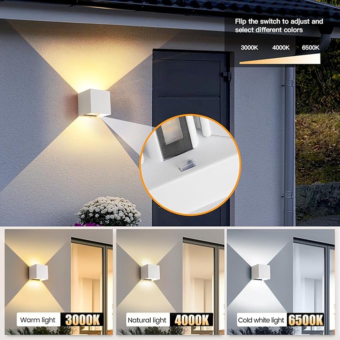 White Wall Sconces Set of Two,3 Color Temperatures Hardwired Up and Down Outdoor Lights,15W Indoor Wall Sconce,4.33 Inch ETL Listed Exterior Wall Lights for Living Room Bedroom Hallway Porch 2 Pack