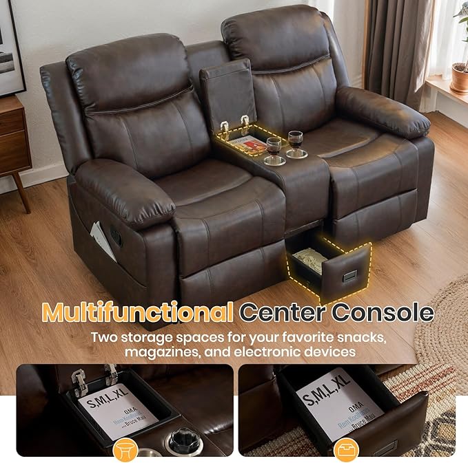 Loveseat Recliner Sofa with Massage & Heating, Reclining Loveseat with Console, RV Wall Hugger Double Loveseat Recliner Couch for Living Room & Home Theater (Brown)
