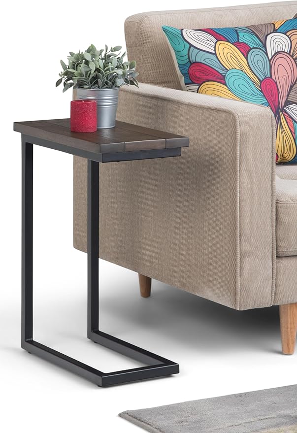 SIMPLIHOME Skyler C-Side Table - 18" Wide x 24" High Solid Mango Wood and Metal Slide-Under Table in Walnut Brown, Industrial Accent Table or End Table for Living Room with Open Frame, Assembled