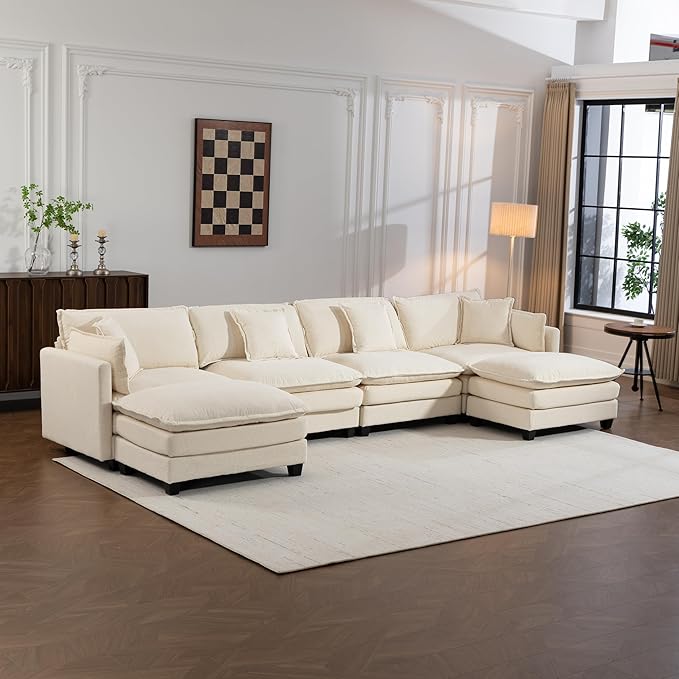 Eafurn 150" Oversized Modular Sectional Sofa with Movable Ottomans, 6 Seat Modern Corduroy Sofa Set, Convertible U/L Shaped Corner Couch for Living Room Apartment