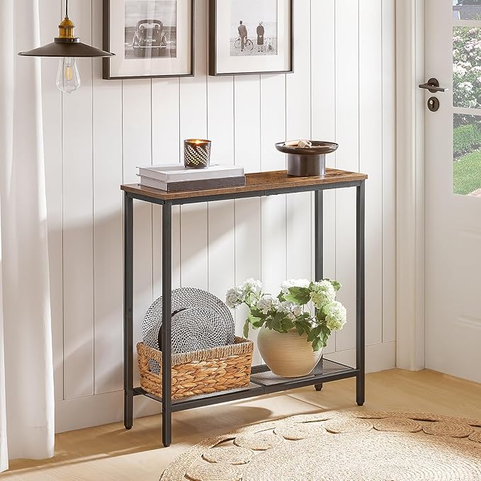 HOOBRO 29.5" Narrow Console Table, Small Entryway Table with Shelf, 2 Tier Thin Sofa Table, Behind Couch Table, Side Table, for Hallway, Living Room, Bedroom, Rustic Brown and Black BF74XG01