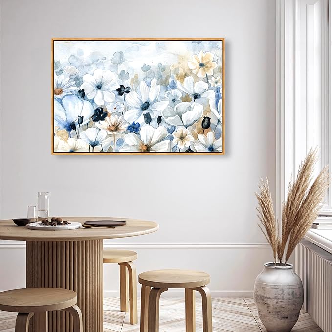 The Oliver Gal Artist Co. Floral and Botanical Wall Art Framed Canvas Prints 'Fields Flowers Home Décor, 45" x 30", Blue, White