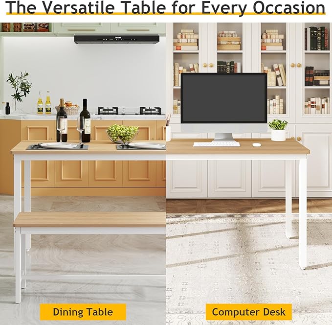 Rovibek 43" Dining Table Benches Set for 4, Modern Space Saving Kitchen Table Chairs & Adjustable Feet Breakfast Table 2 Benches, Wooden Industrial Style Farmhouse, White