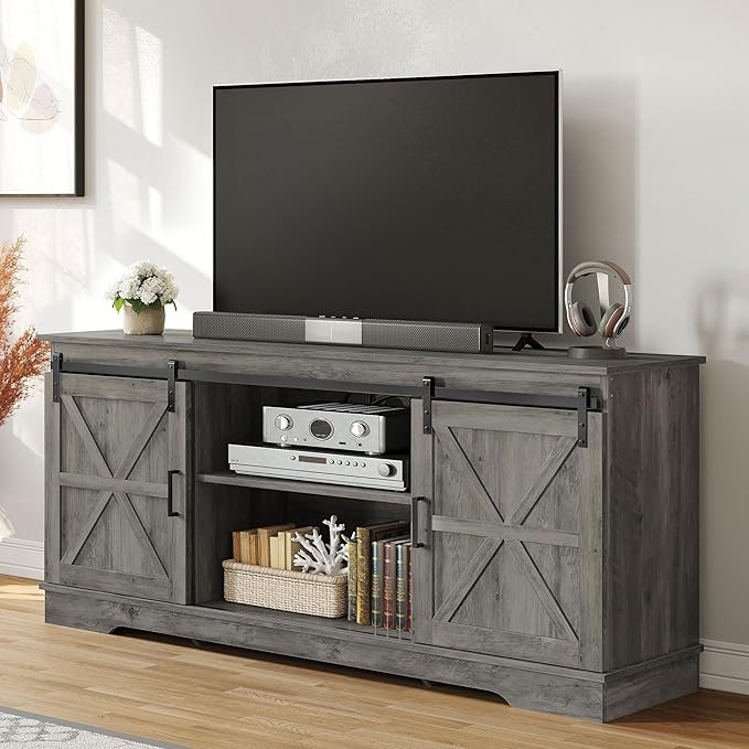YITAHOME Farmhouse TV Stand for 65/60/55 Inch, Modern Entertainment Center with Sliding Barn Door, Wood TV Media Console Storage TV Cabinet for Living Room for 300lbs, Rustic Grey