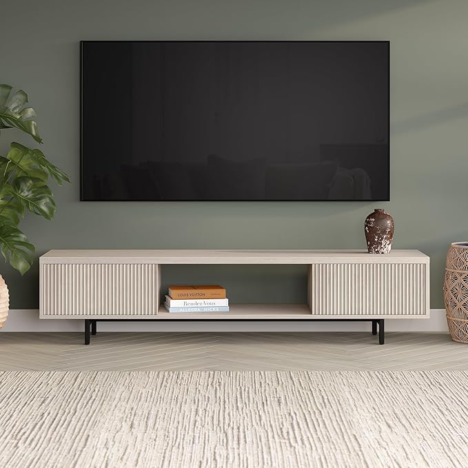 Henn&Hart Fluted TV Stand for TVs up to 78" with 2 Ribbed Side Storage Cabinets and Open Center Storage for Living Room, Family Room, or Office, Beech White