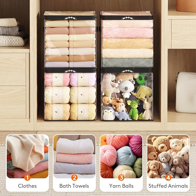 Lifewit 4 Pack Clear Clothes Storage Bags, 13 Inch Clear Cube Storage Bins, 36L Vinyl Foldable Moving Bags with Zipper, Storage Container for Sweater Sheets Yarns
