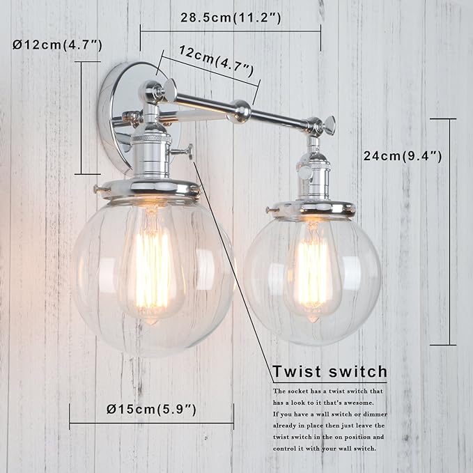 PERMO Double Sconce Vintage Industrial Antique 2-Lights Wall Sconces with Dual Mini 5.9" Round Clear Glass Globe Shade (Chrome)
