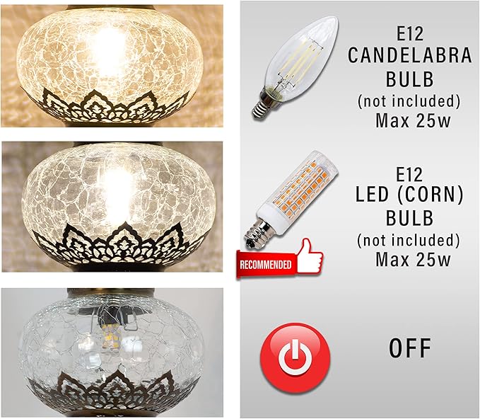 Mozaist Turkish Clear Glass Moon Shape Table Lamp, Vintage Moroccan Crescent Bohemian Desk Light, Rustic Living Room Antique Glam Home Decor Lighting, Luna Design Bedside Nightstand (Crack Clear)