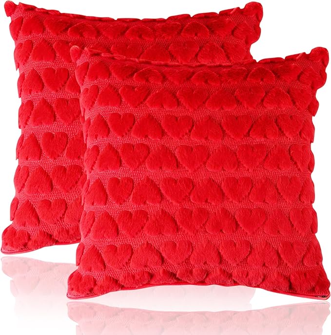 Valentine Pillow Covers 20x20 Set of 2, Valentine Decorations Indoor Love Heart Soft Plush Faux Fur Throw Pillow Covers for Bedroom Red Pillowcase Living Room Sofa Holiday Home Decor