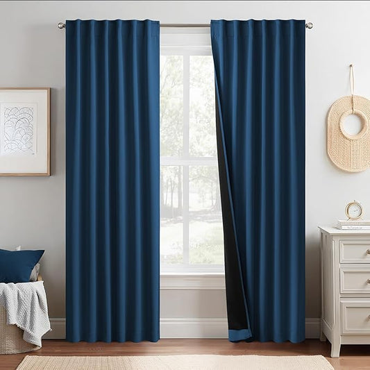 NICETOWN Moroccan Blue 100% Blackout Window Curtain Panels, Cold and Full Light Blocking Drapes with Black Liner for Nursery, 84 Inches Drop Thermal Insulated Draperies, 52 inches Wide, 2 Pieces