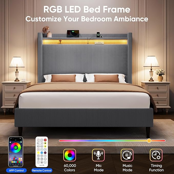 Queen Bed Frame with Tall Headboard, 55.3" Upholstered Platform Bed with LED Lights & Charging Station, Elegant Corduroy Bedframe, 2-tier Storage Wingback Headboard, No Box Spring Needed, Dark Grey