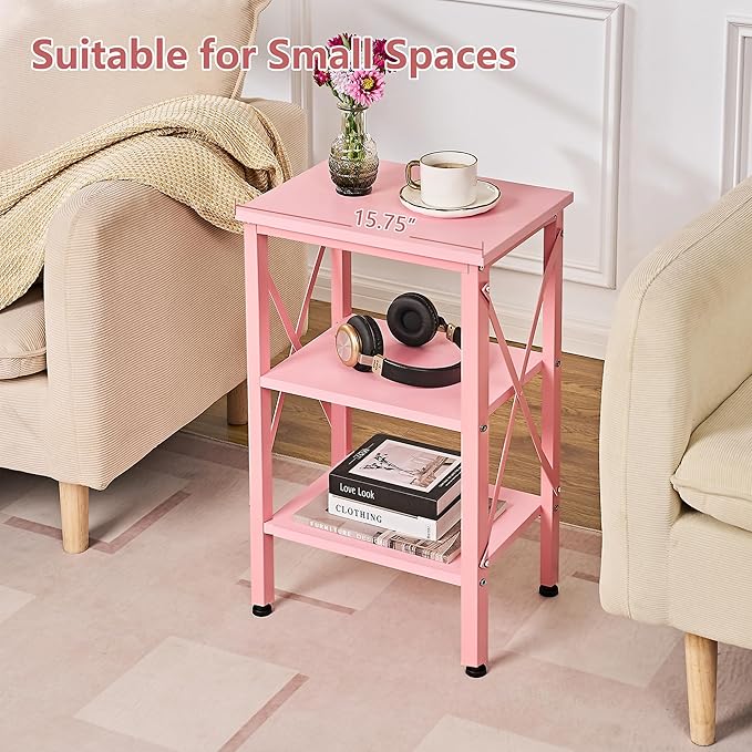 VECELO End Table, Nightstand, 24" Tall Living Room Side Tables, X-Design Reinforced Bedside Table, Nightstands with 3-Tier Storage Shelves for Small Spaces, Office, Bathroom, Bedroom, Pink