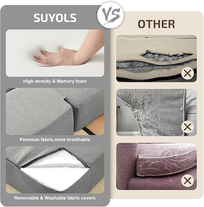 SUYOLS 2-in-1 Folding Sofa Bed with Pillow - Folding Chair Floor Couch & Sleeping Mattress - Washable Cover & Memory Foam Sleeper Chair for Living Room/Guest Room/Apartment/Loft, Light Gray
