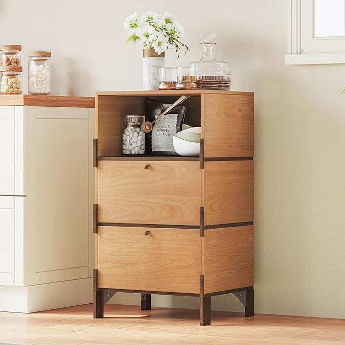 Sebastack Sideboard, Buffet Cabinet with 2 Drawers & Open Storage, Easy Assembly Coffee Bar Wood Buffet Table for Kitchen, Dining Room, Bathroom, Office, Hallway, Beech Color (1 pcs)