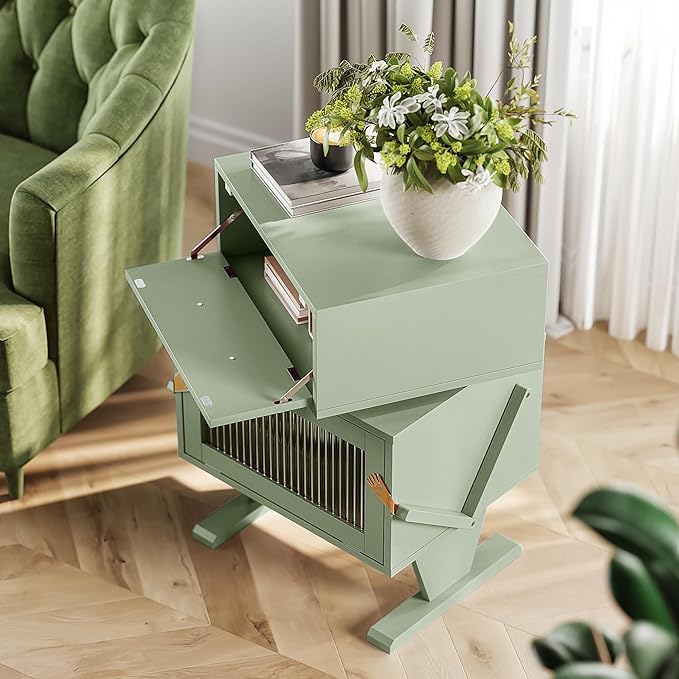 RoyalCraft Nightstand with LED Light Strips, Green End Table with 360° Rotating Drawer, Modern Bedside Table with Glass Door Storage, Wood Night Stand Cabinet for Bedroom, Home Office, Green