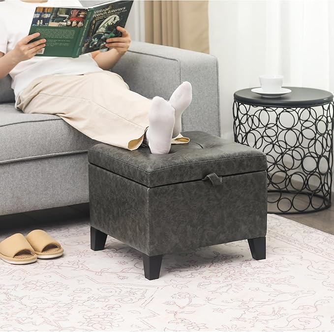 Adeco 15.2" Square Faux Leather Storage Ottoman, Button-Tufted Footrest Stool with Hinged Lid for Living Room & Bedroom Entryway, Upholstered Vanity Seat, Mixed Grey