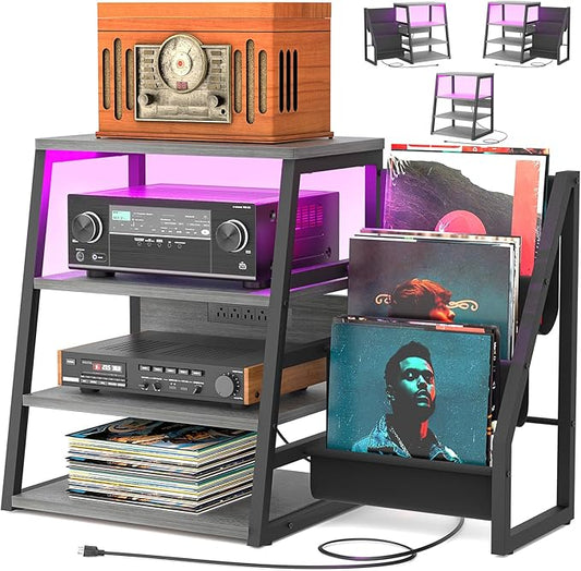 AV Media Stand with Outlets, Stereo Stands and Racks with Vinyl Storage, Stereo Stand with Record Storage, Audio Stereo Rack Cabinet, Turntable Console Stand with LED lights, 4 Tiers, Walnut Grey