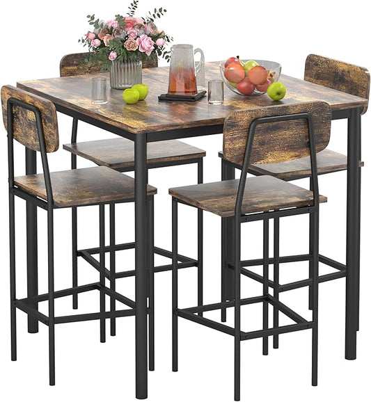 Dining Table Set for 4, 5 Piece Kitchen Table with Chairs, Sturdy Industrial Space Saving Dinette Set for Pub, Family Dinners, Apartment, Dark Brown