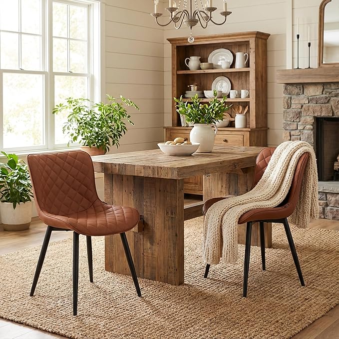 YOUTASTE Coffee Brown Dining Chairs Set of 2 Mid Century Modern PU Leather Diamond Upholstered Accent Guest Dinner Chair with Back Metal Legs for Kitchen Living Reception Waiting Room