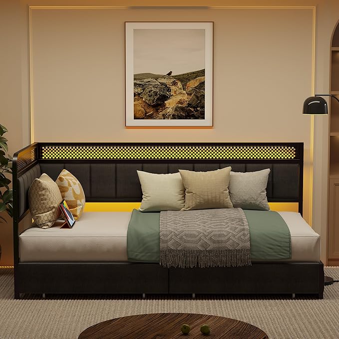 LIKIMIO Twin XL Corner Bed Frame with Storage Drawers and Charging Station, Modern Twin XL Daybed with LED Lights and Upholstered Guardrail, Gray