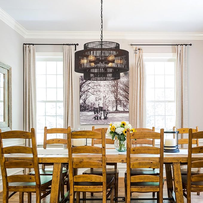 Hand-Woven Rattan Chandelier Vintage 6-Light Farmhouse Boho Bamboo Chandeliers Light Fixture 23.6" Retro 3-Tier Drum Wicker Rattan Black Chandelier for Dining Room, Kitchen Island, Bedroom