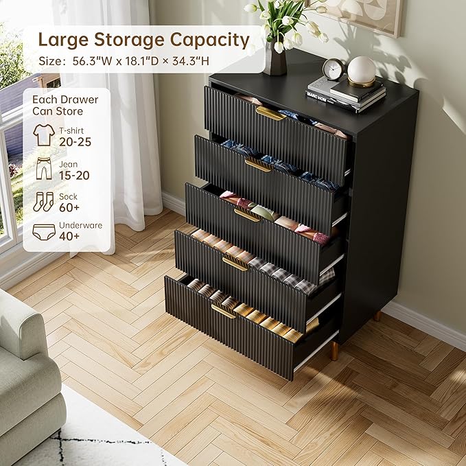 IDEALHOUSE Black Dresser, Modern 5 Drawer Dresser for Bedroom with Gold Handle and Large Drawer, Wood Double Chest of Drawers and Storage Organizer for Living Room, Hallway, Entryway