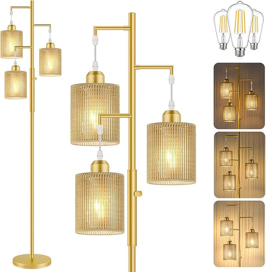 Hotsonic 72" Rattan Boho Floor Lamp, Tall Dimmable Standing Lamp with Handcrafted Beige Shade, Industrial Tree Floor Lamps for Living Room, Bedroom, Study Room, Office(3x800LM LED Bulbs Included)-Gold