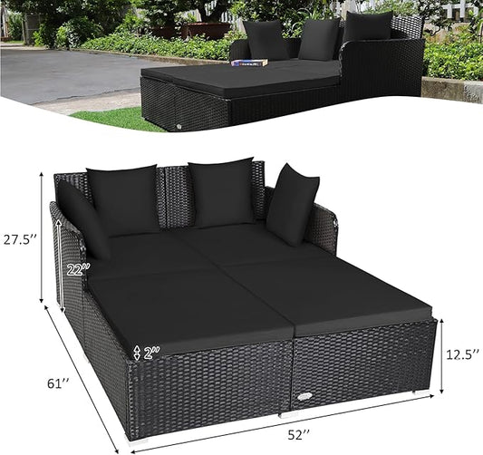 Tangkula Outdoor Rattan Daybed, Wicker Furniture with Spacious Seat, Upholstered Cushion & High-Resilience Sponge, Patio Sofa Set with 4 Pillows, 2-Person Sunbed for Poolside Backyard Garden & Balcony