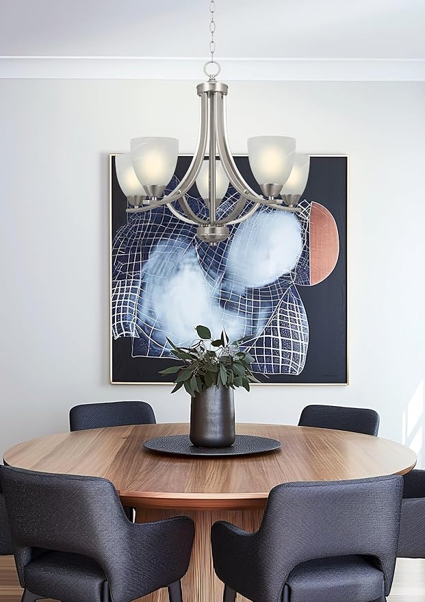 Kira Home Weston 24" Contemporary 5-Light Large Chandelier + Alabaster Glass Shades, Adjustable Chain, Brushed Nickel Finish