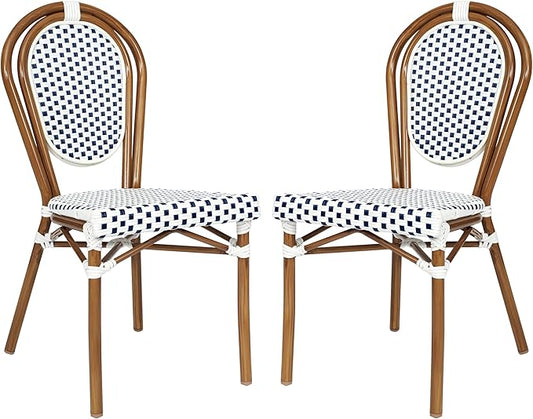 Flash Furniture Lourdes Indoor/Outdoor Commercial Thonet Bistro Stack Chair - White/Navy PE Rattan Back and Seat - Natural Bamboo Print Metal Frame - Set of 2