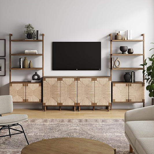Nathan James Beacon Boho Seagrass Entertainment Center with Bookshelves and Storage Cabinet, Bookcase TV Stand Wall Unit, Fits TVs Up to 65 in. in Dark Brown Finish
