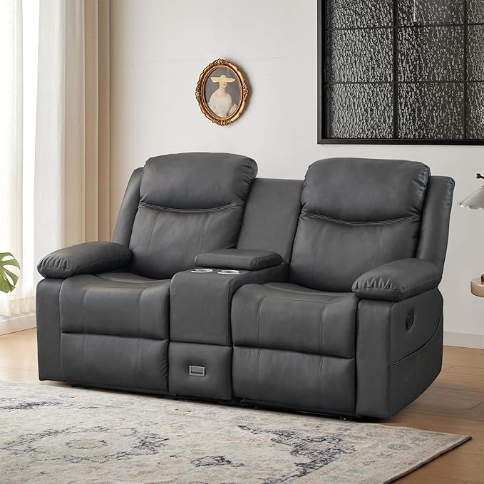 Manual Reclining Loveseat with Massage and Heat, Double Recliner Sofa with Center Console, Cup Holders & Storage for Living Room, RV (Grey)