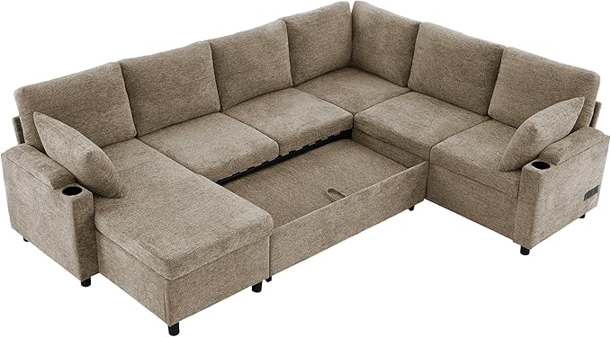 ERYE U Shaped Pull Out Sleeper Sectional Sofa Bed Modern Corner Convertible Sleeper Couch with Left Facing Storage Chaise, Cupholders, Charging Ports and Armrests Storage