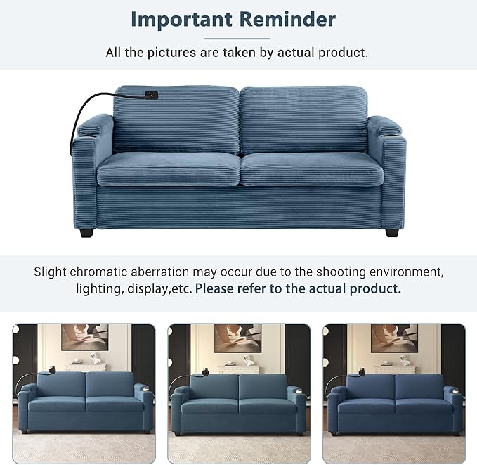 Merax Modern Corduroy Sleeper Sofa Bed with Full Size Mattress, Futon Couches with USB Ports | Phone & Cup Holders| Side Pockets,Pull Out Couch for Living Room, Small Loveseat, Navy Blue