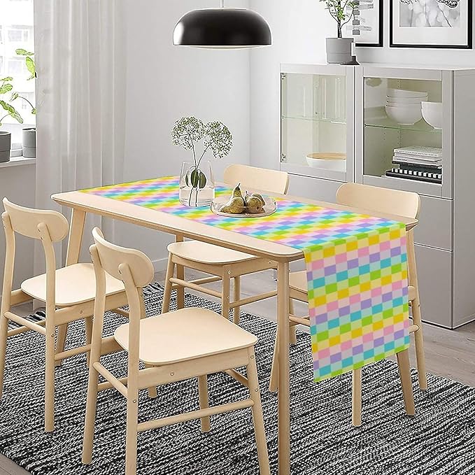 Boho Hippie Table Runner Rainbow Geometric Square Table Runner Retro Country Dinner Runner for Living Room Kitchen Party Holiday Dinner Home Decor Yellow Pink Blue 13x120in