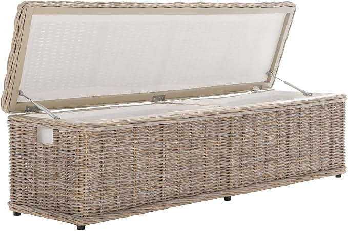 SAFAVIEH Home Collection – Caius Natural Wicker Storage Bench, Rustic Rattan Bench with Hinged Lid for Bedroom or Entryway, Fully Assembled (SEA7017A)
