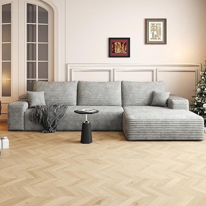 107" Oversized L Shaped Couch with Chaise, Minimalist Compressed Boneless Couch No Assembly Required, Modular Cloud Sectional Sofa for Living Room Bedroom, Right Facing Chaise, Plush Corduroy, Grey